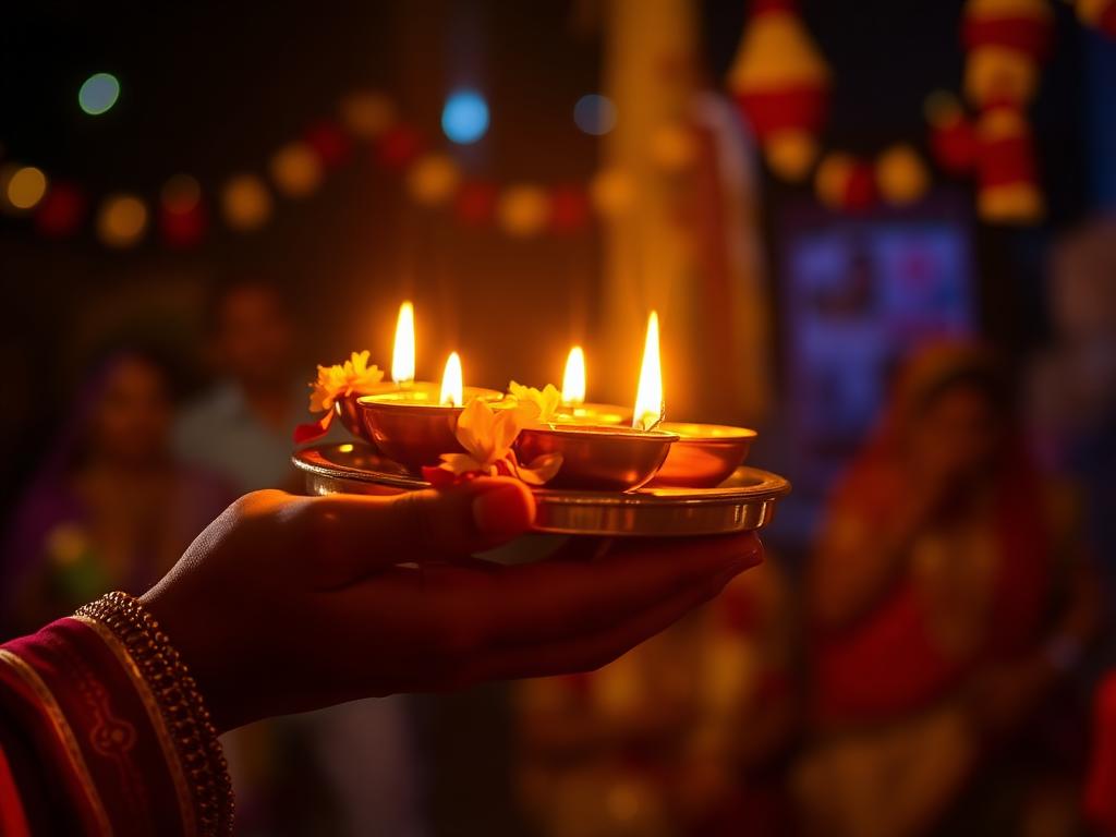 Hands holding an aarti thali with glowing diyas