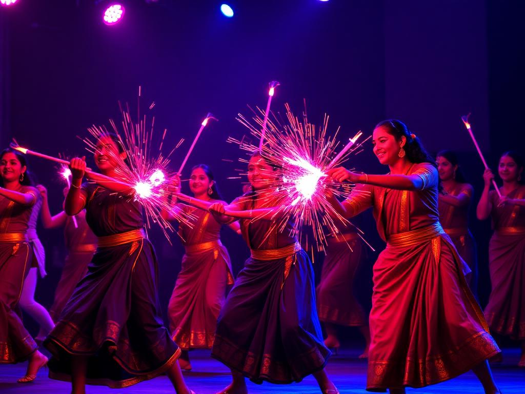 Dancers striking dandiya sticks under stage lights