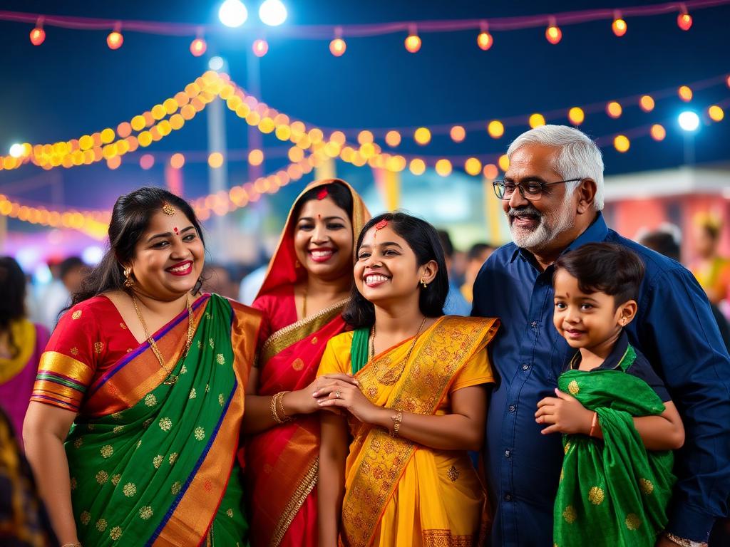 A family in traditional outfits smiling together