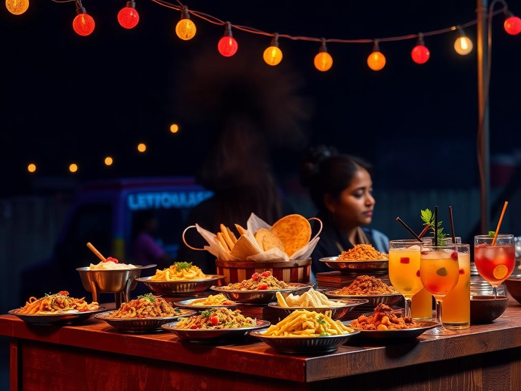 Festive food spread with chaat, snacks and mocktails