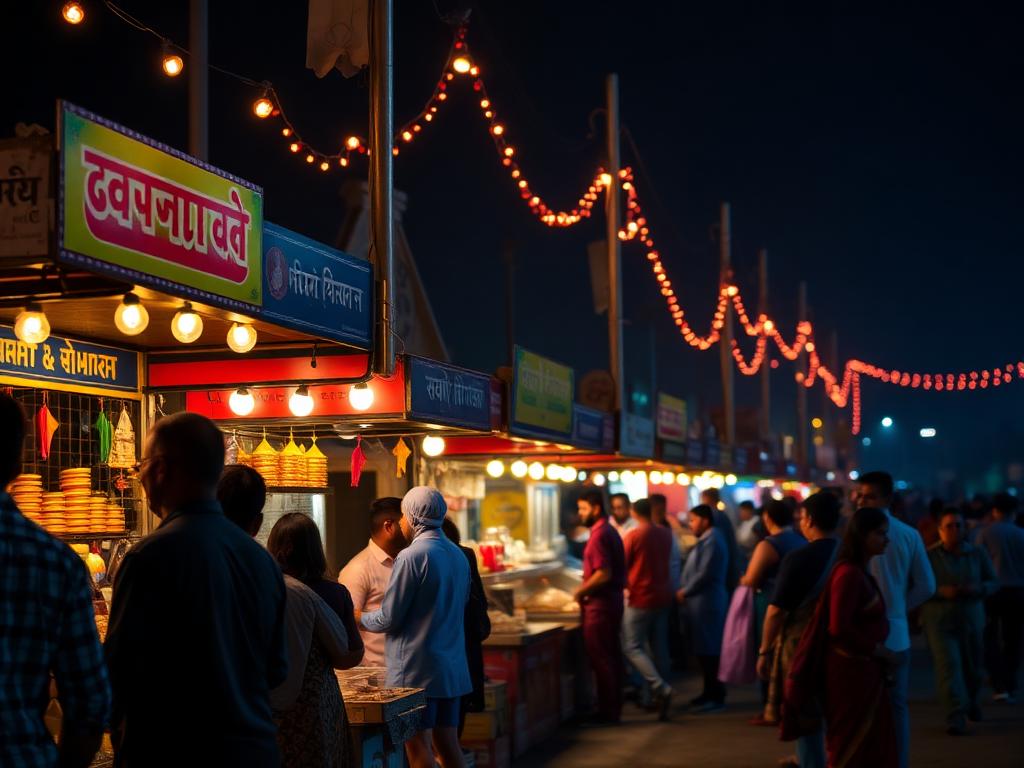 Festive food stalls lit up at night