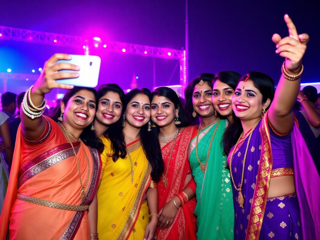 Friends in traditional outfits taking a selfie
