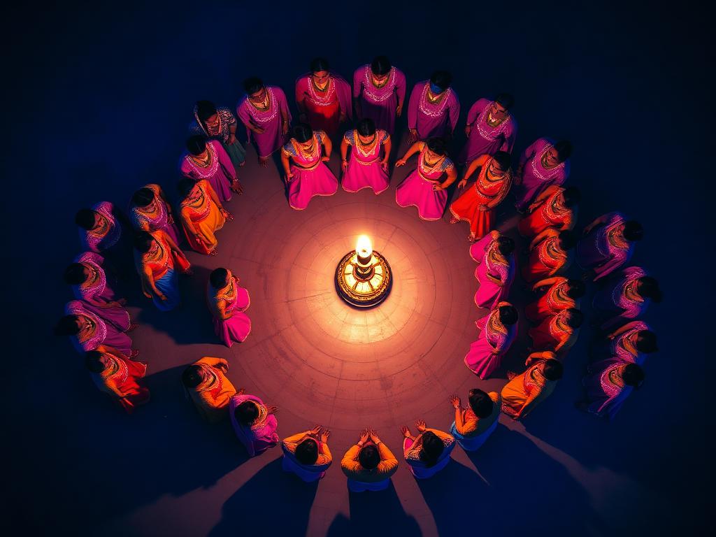 Dancers forming a garba circle around a central lamp
