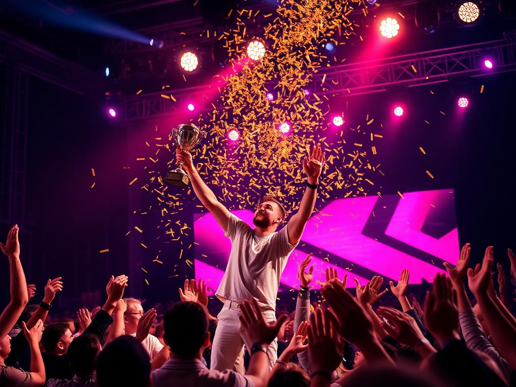 A winner lifting a trophy as confetti falls
